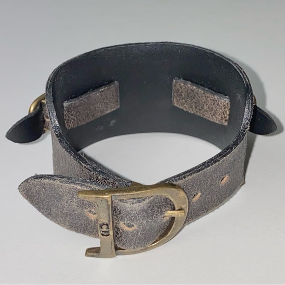 VTG Christian Dior Brown Leather Bronze Saddle D Charm Belt Buckle Logo Bracelet - Picture 15 of 15